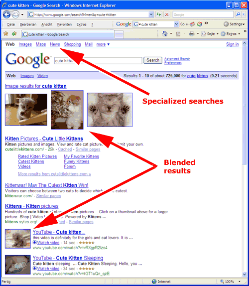 Google blended results screen shot